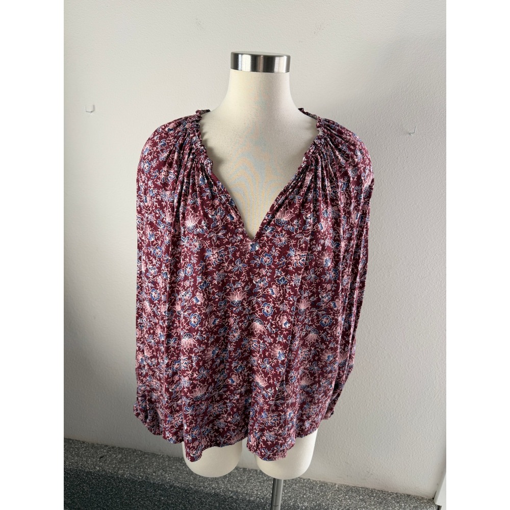 Old Navy Womens XL Floral V Neck Blouse Burgundy Long Sleeve Rayon Boho Top
